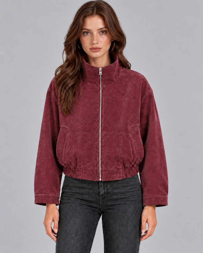 Women's High Collar Suede Oversized Bomber Jacket