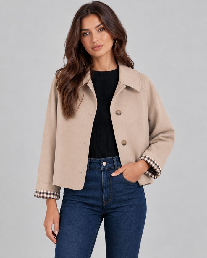 Women's Cropped Trench Jacket with Plaid Lining