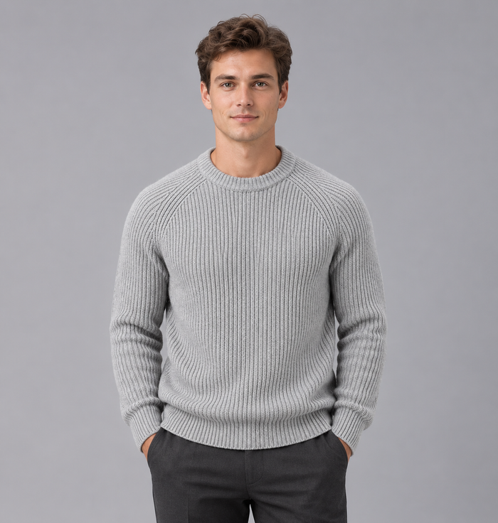 Men's Heavyweight Ribbed Knit Sweater | Round Neck Jumper
