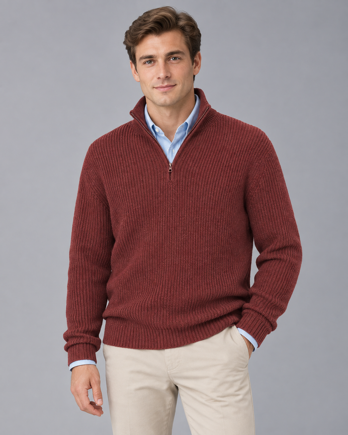 Men's 100% Cashmere Rib-Knit Quarter-Zip Sweater | Jumper with High Collar