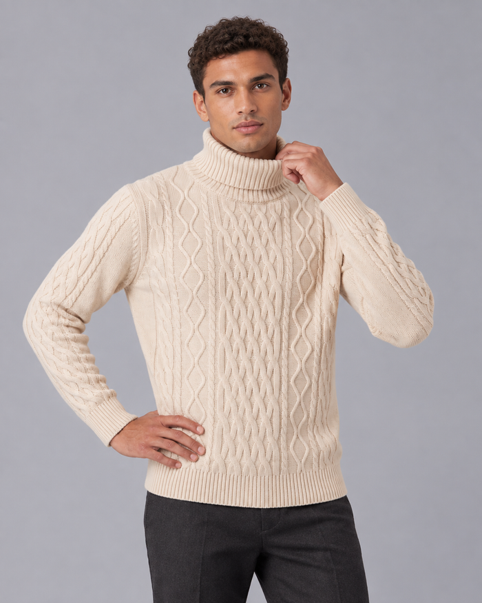 Men's Wool Cable Knit Roll Neck Jumper