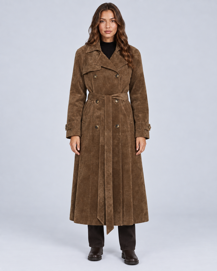 Women's Suede Double-Breasted Winter Trench Coat