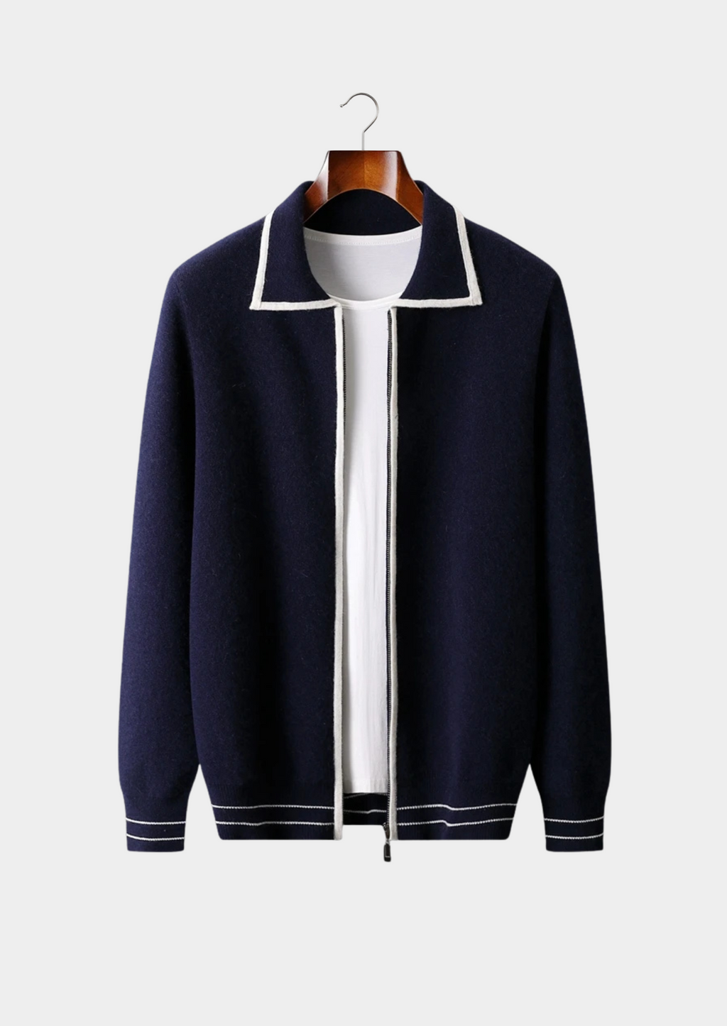 Two-Tone Wool Knit Polo Cardigan