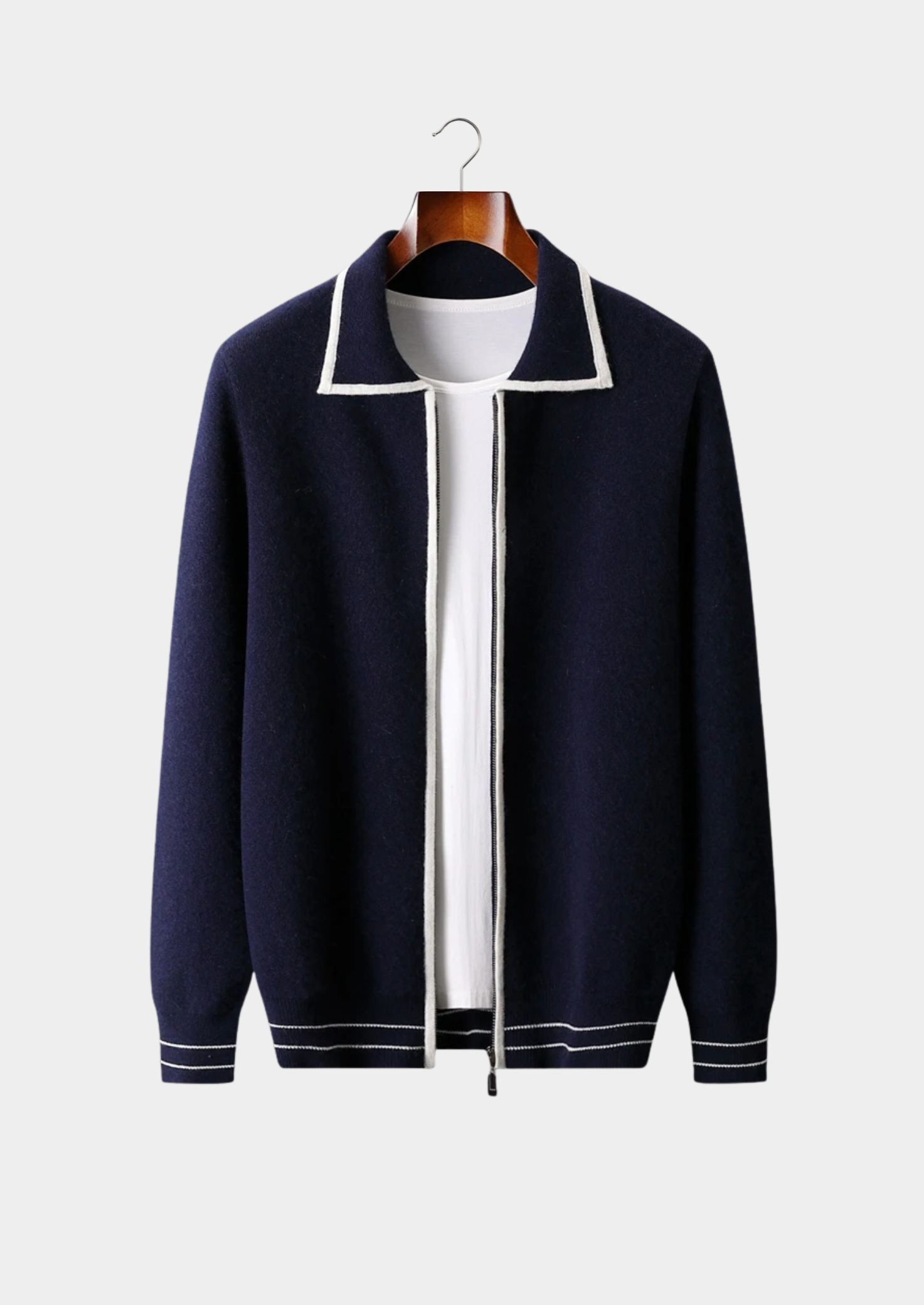 Two-Tone Wool Knit Polo Cardigan