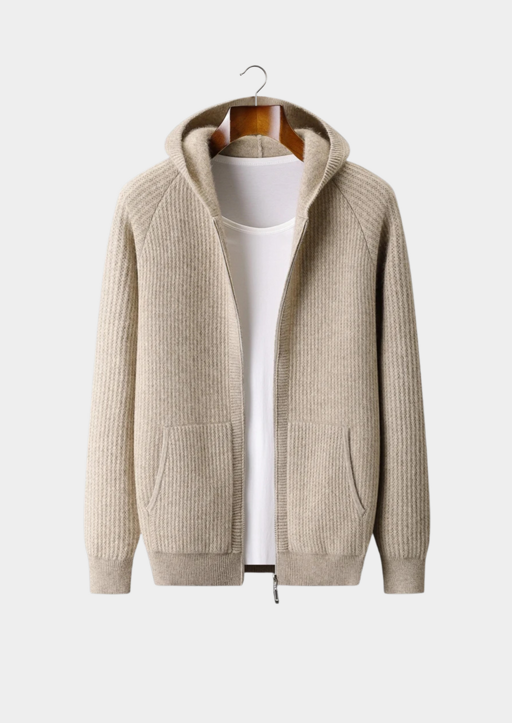 100% Cashmere Rib Knit Zip Hoodie
