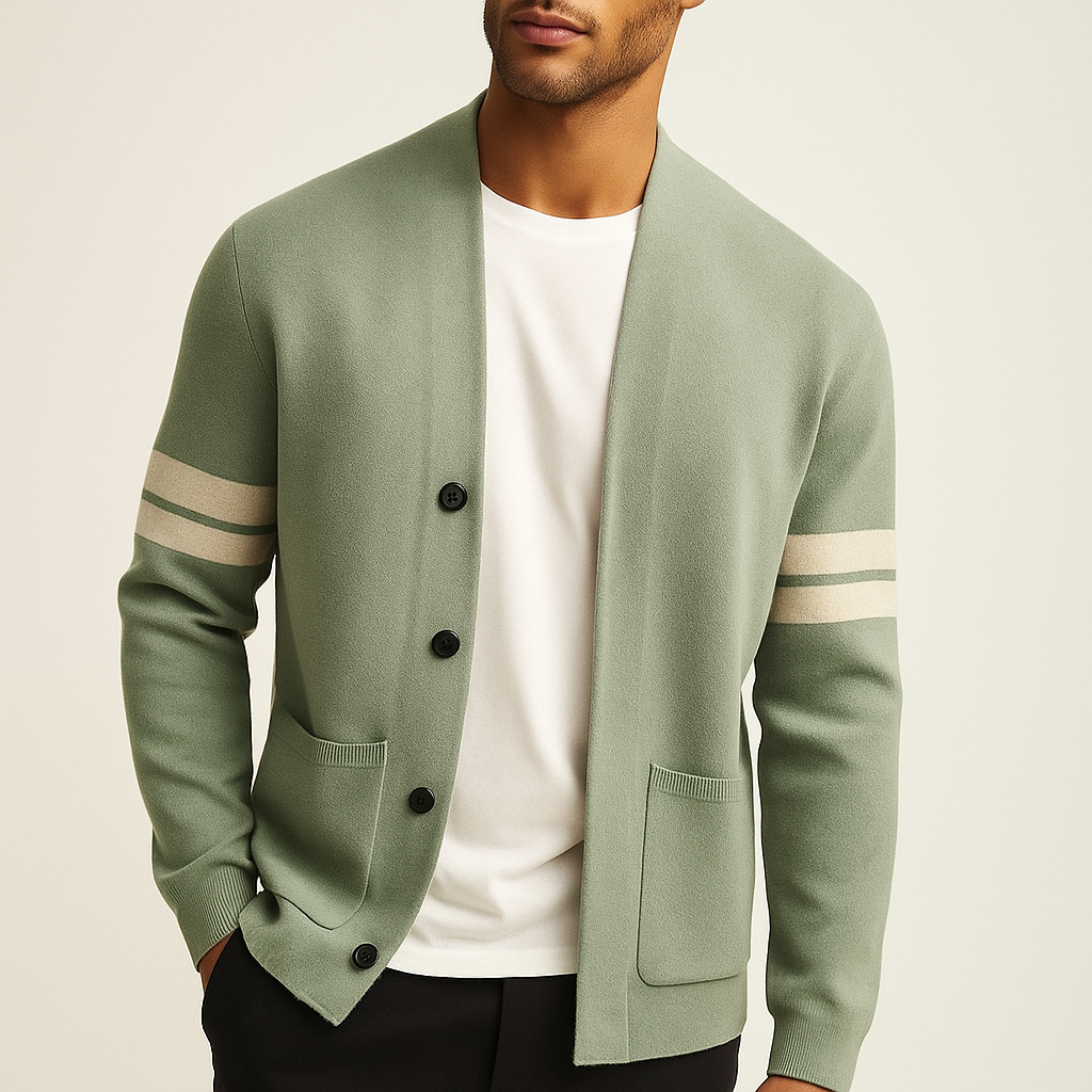Merino Stripe-Sleeve Button Cardigan