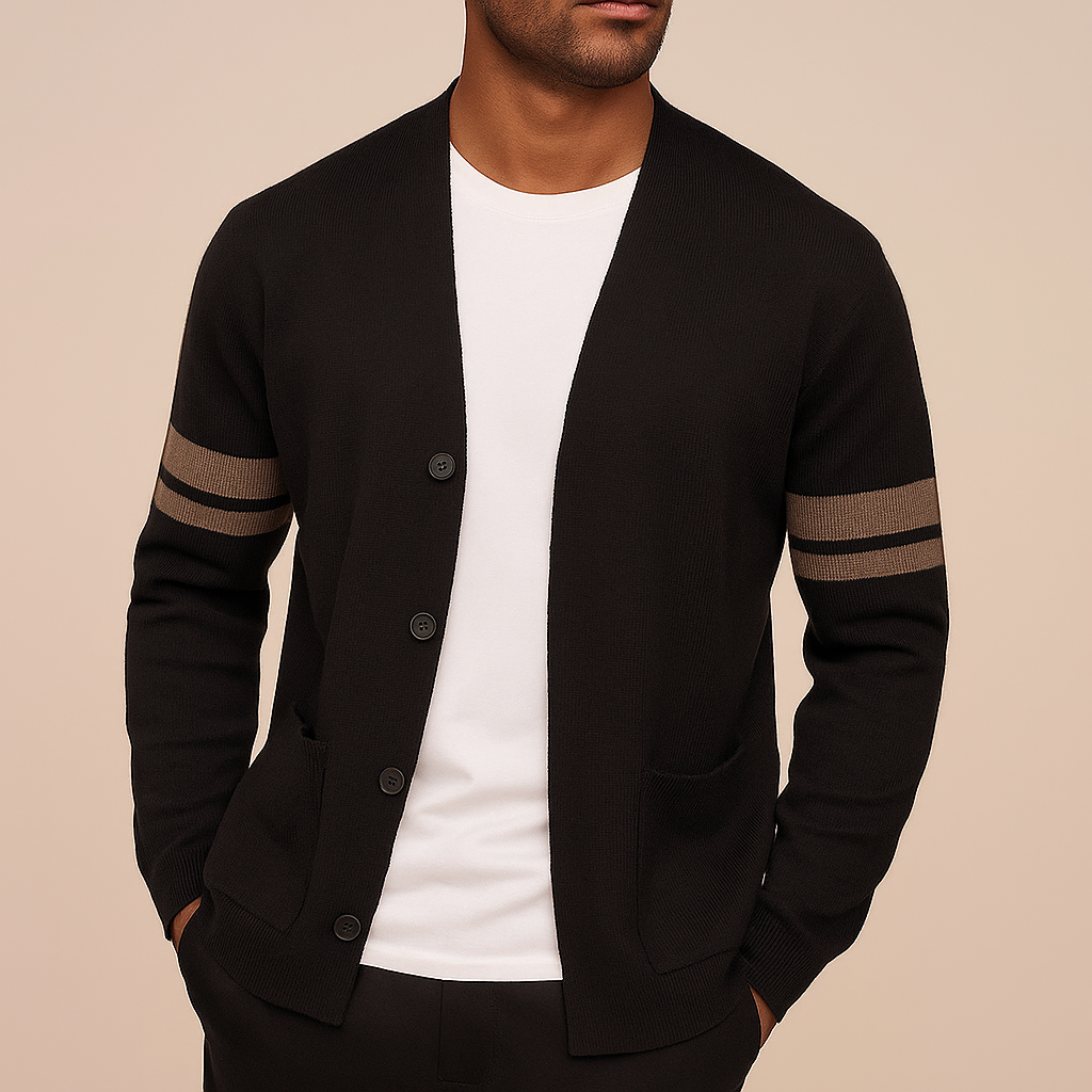 Merino Stripe-Sleeve Button Cardigan