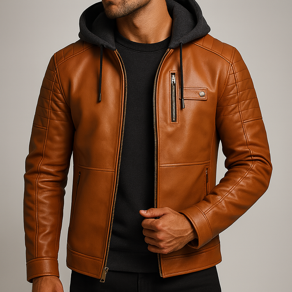 Men's hooded leather jacket