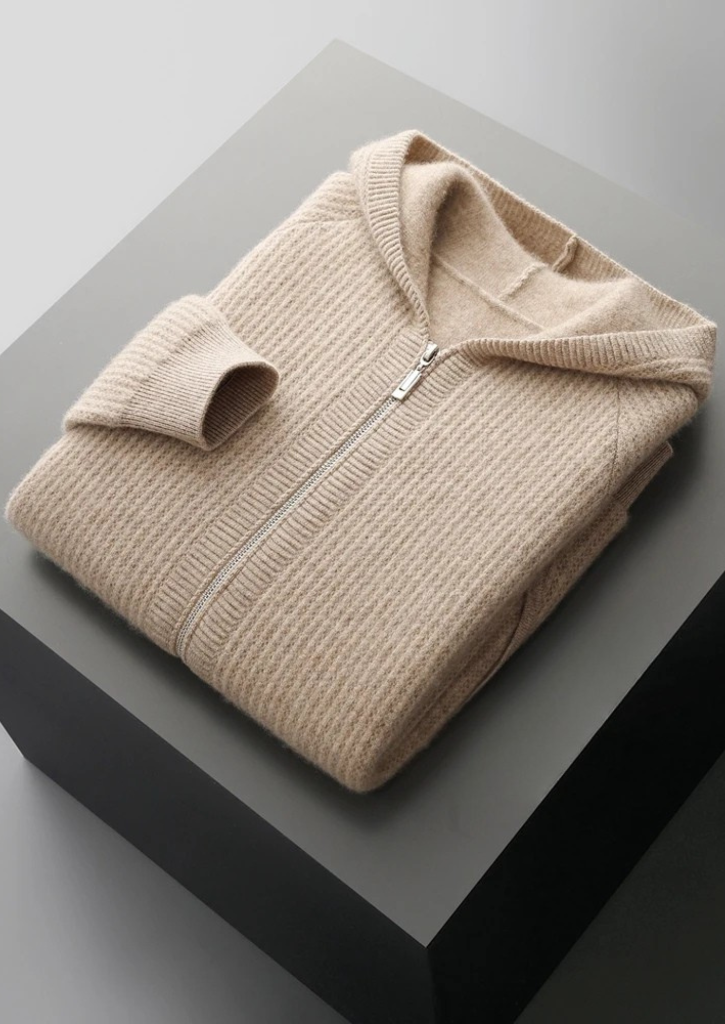100% Cashmere Rib Knit Zip Hoodie