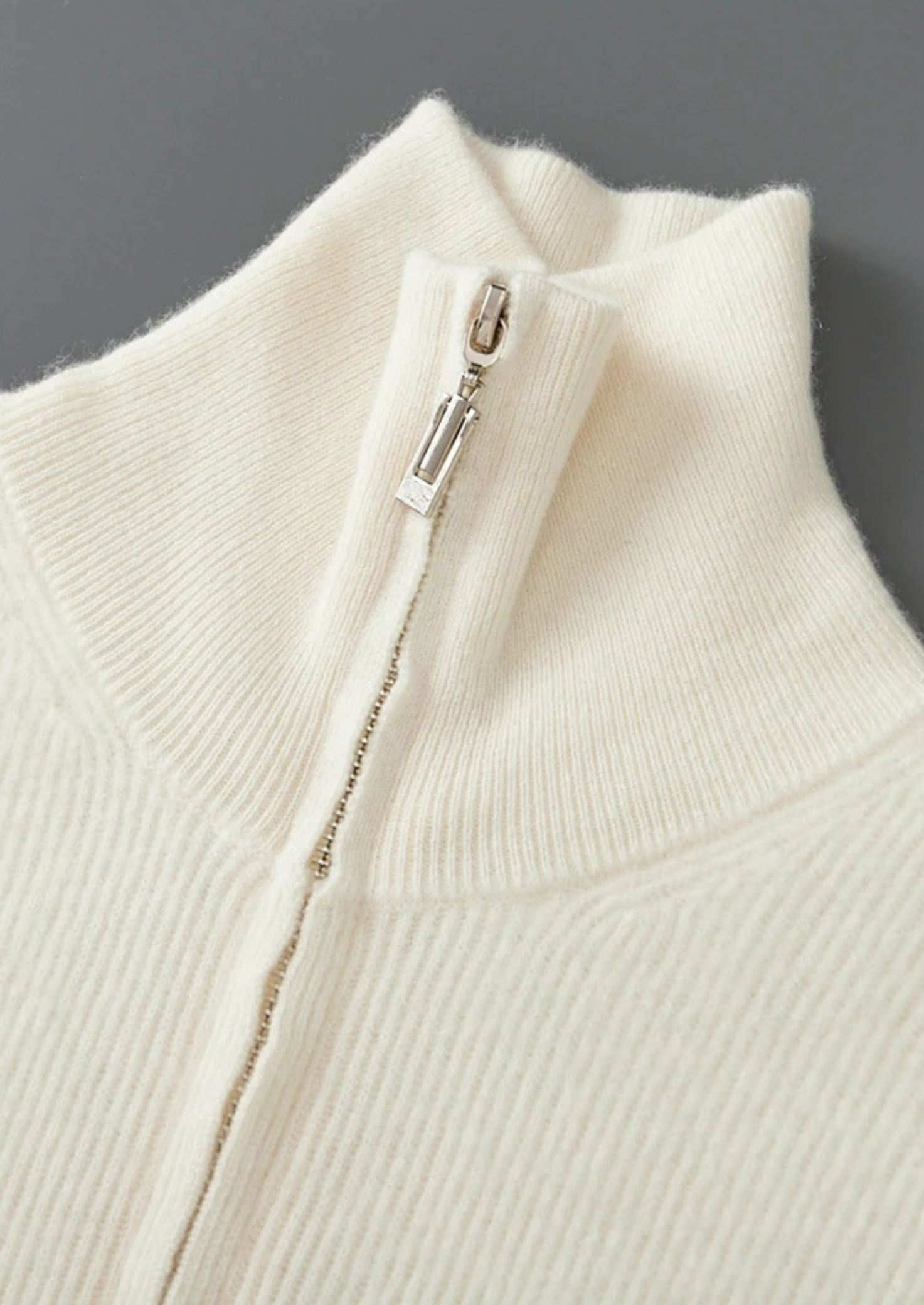 100% Cashmere Rib Knit Zip Cardigan