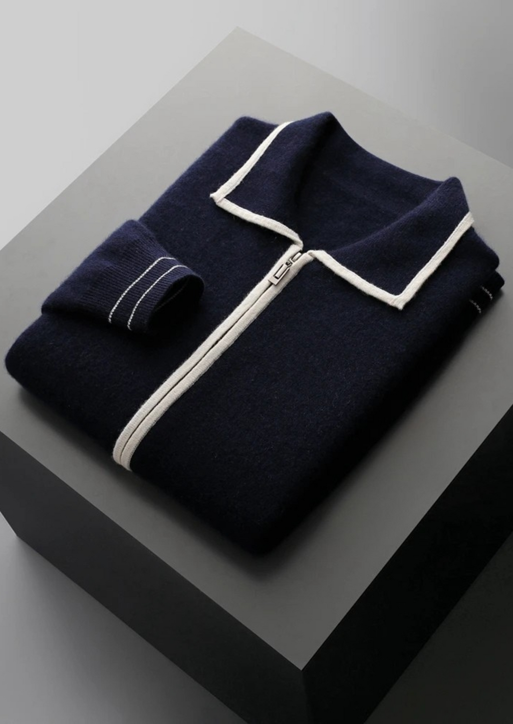 Two-Tone Wool Knit Polo Cardigan