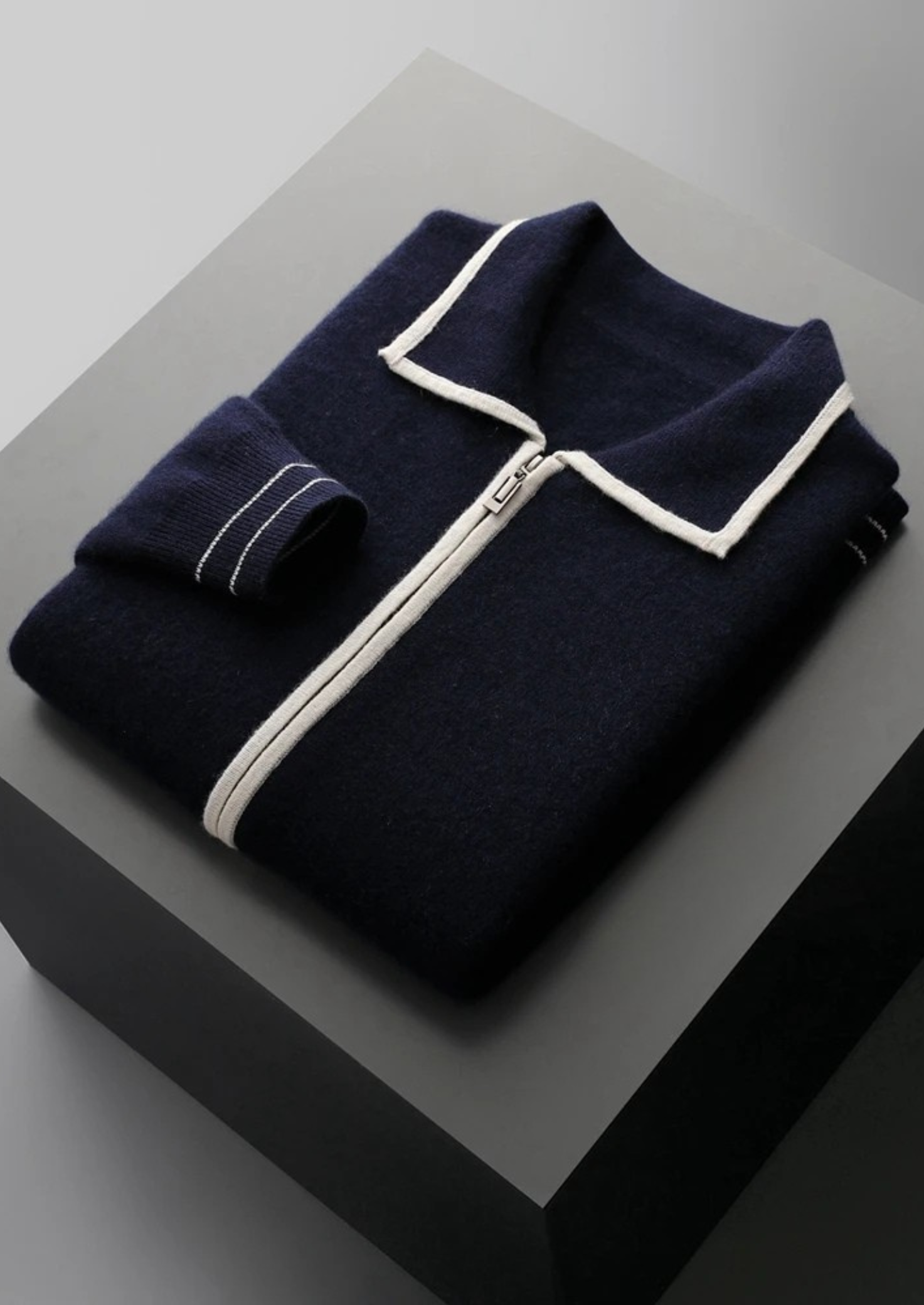 Two-Tone Wool Knit Polo Cardigan
