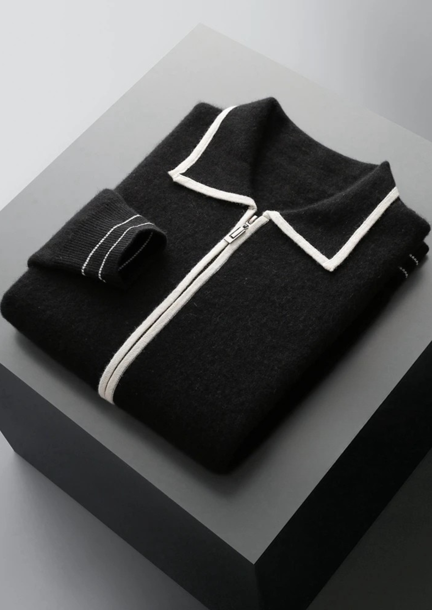 Two-Tone Wool Knit Polo Cardigan