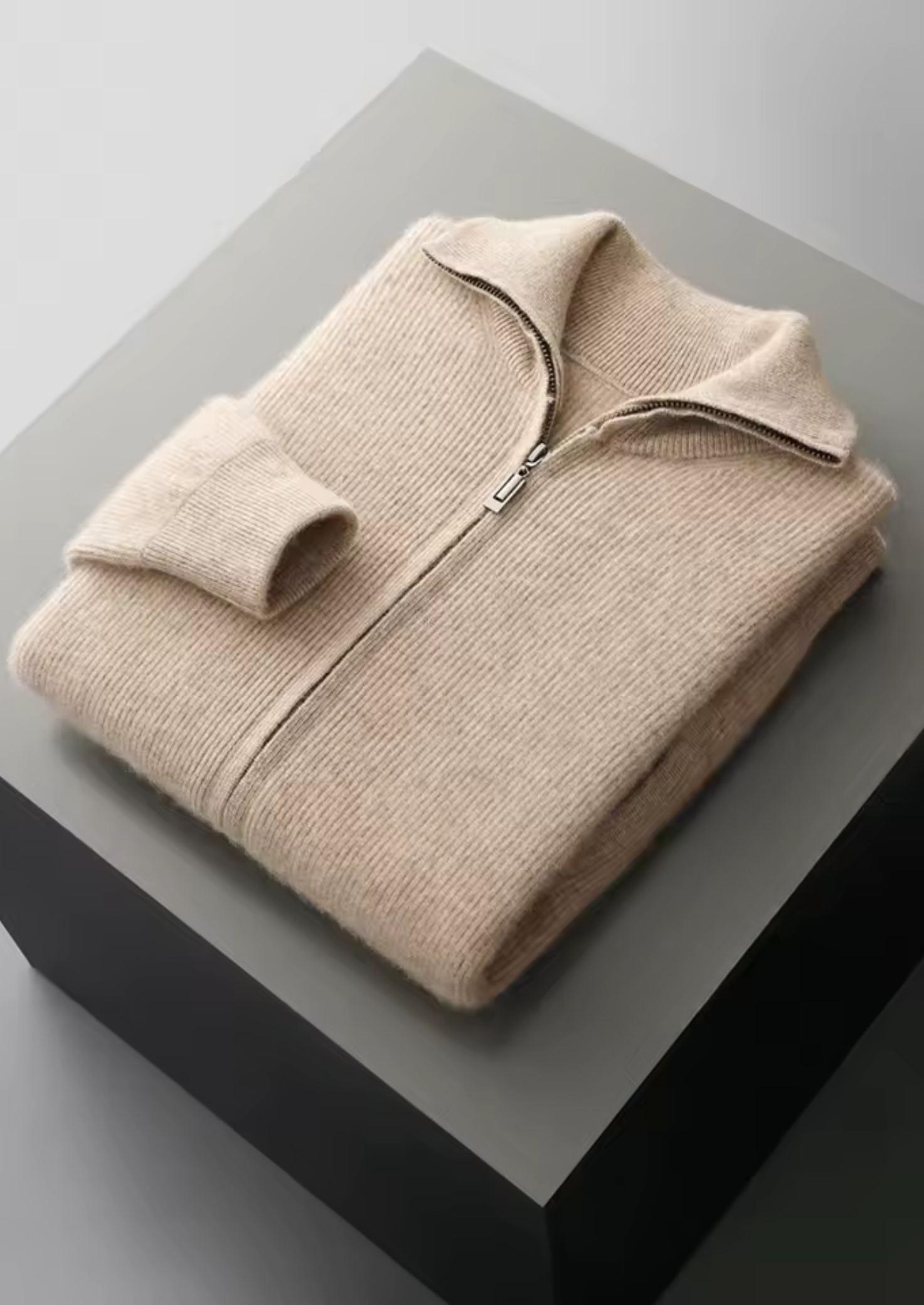 100% Cashmere Rib Knit Zip Cardigan