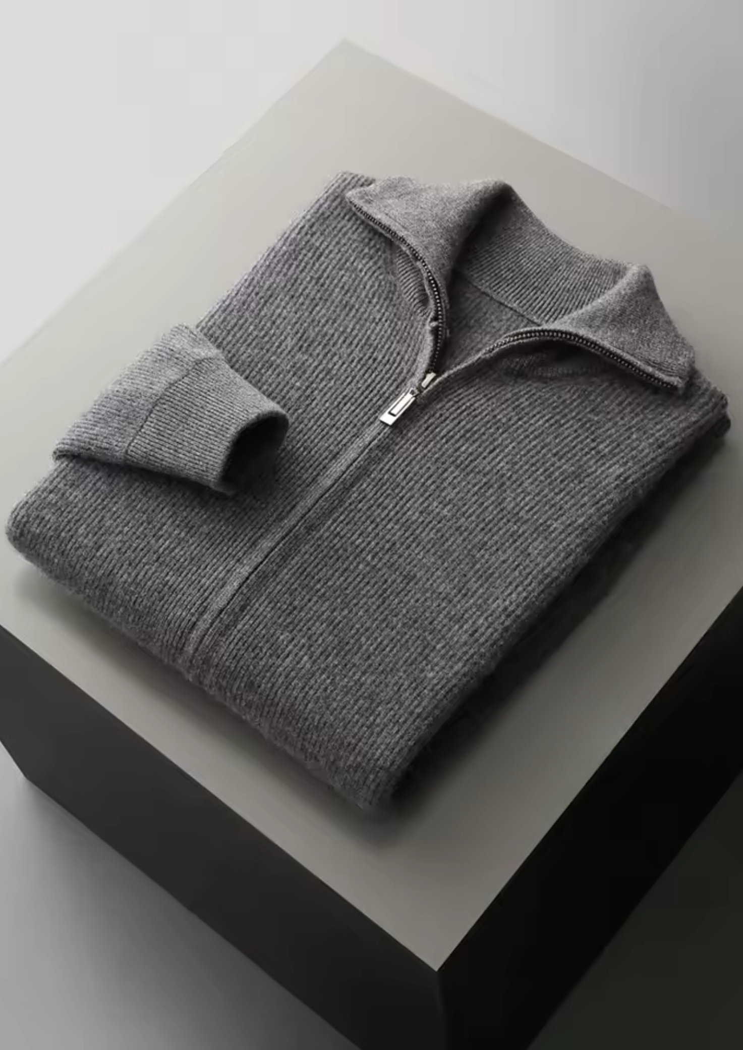 100% Cashmere Rib Knit Zip Cardigan