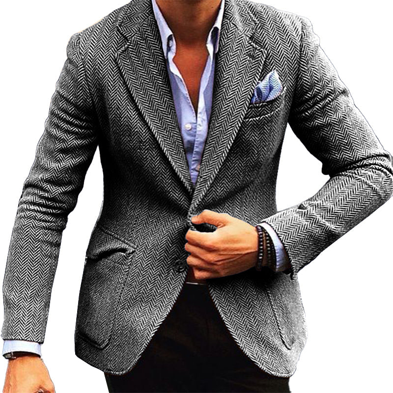 Men's Vintage Herringbone Wool Blend Notch Lapel Single Button Blazer