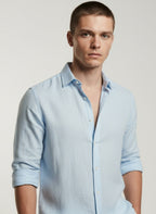 Close-up of the model wearing Men's Linen Casual Shirt