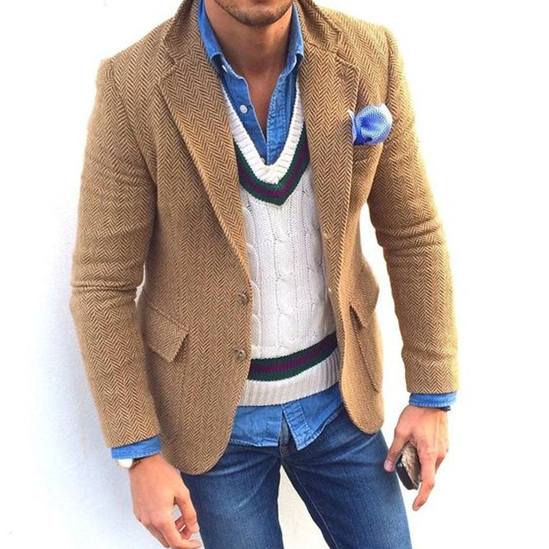 Men's Vintage Herringbone Wool Blend Notch Lapel Single Button Blazer