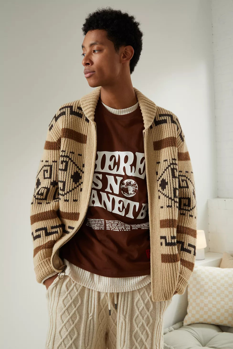 Vintage Jacquard Knitted Men's Cardigan with Zipper