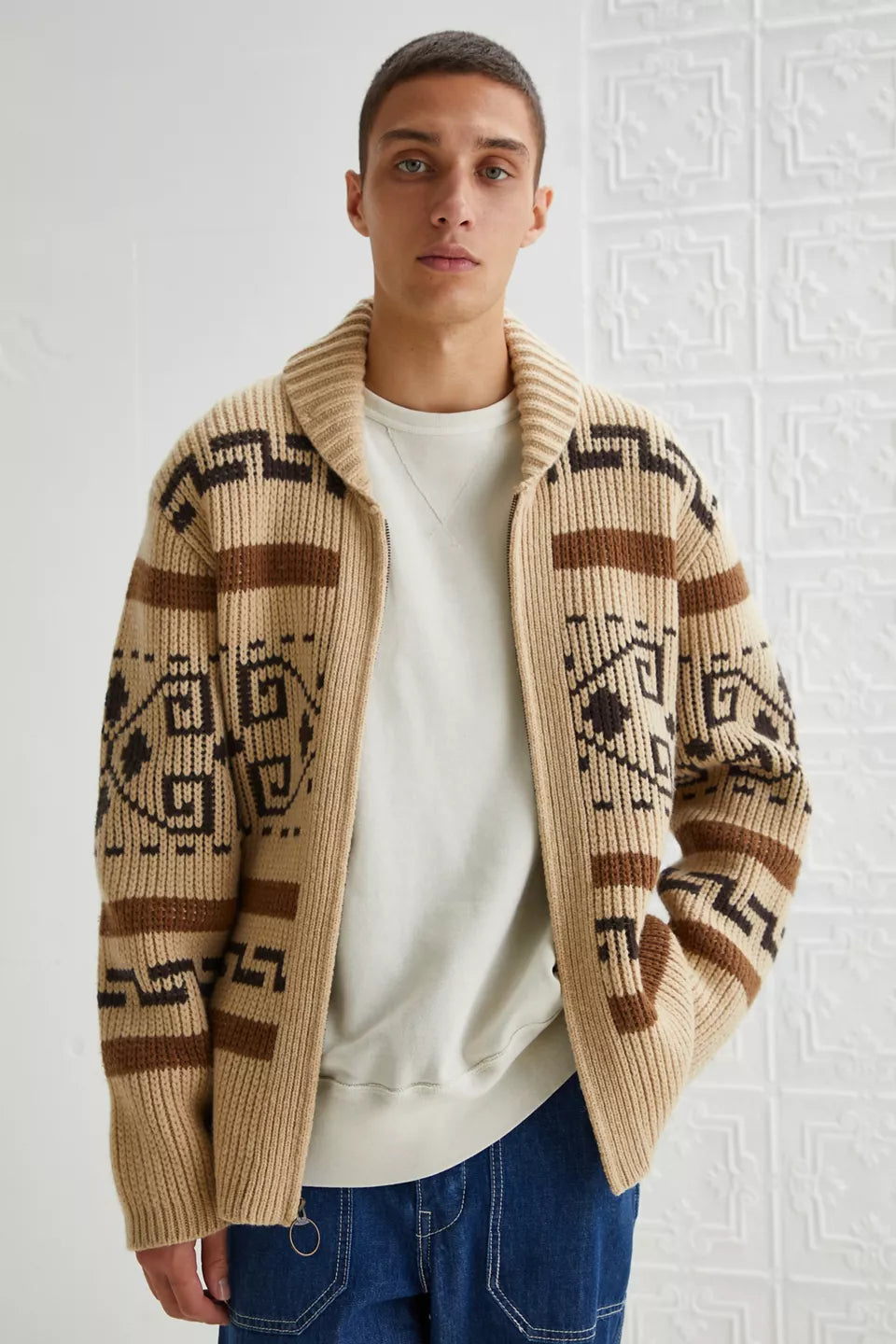 Vintage Jacquard Knitted Men's Cardigan with Zipper