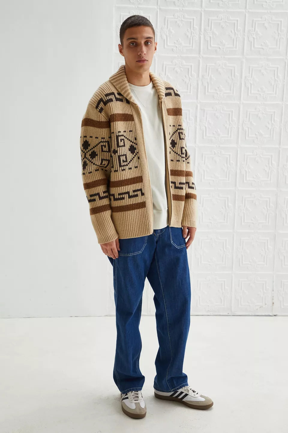 Vintage Jacquard Knitted Men's Cardigan with Zipper