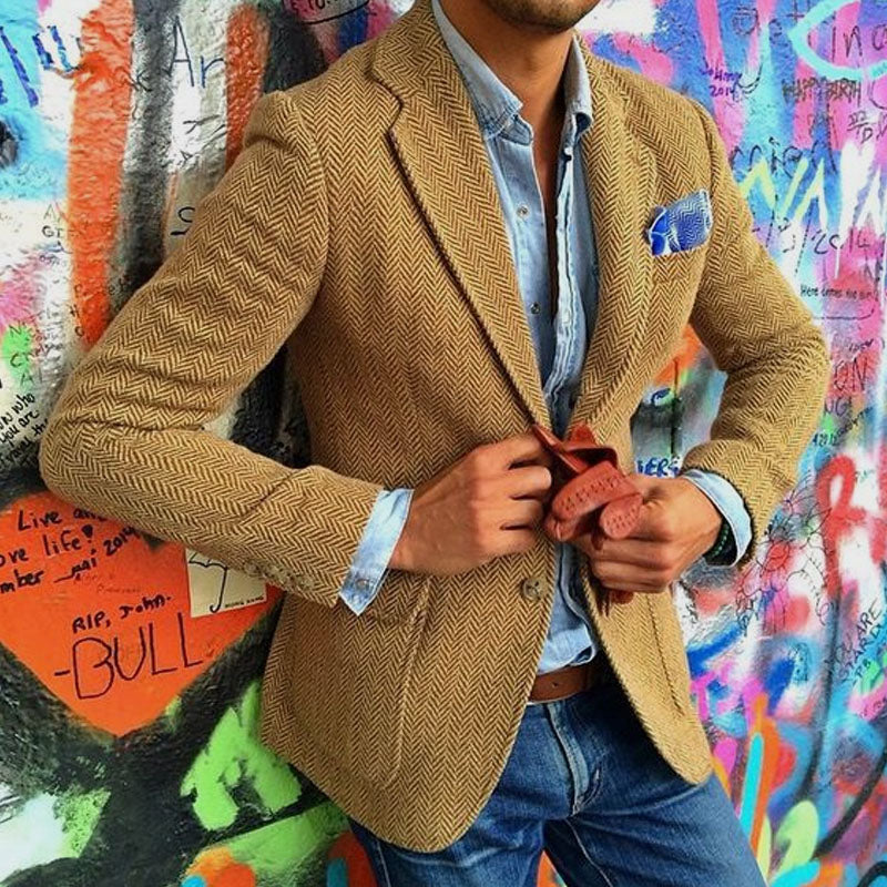 Men's Vintage Herringbone Wool Blend Notch Lapel Single Button Blazer