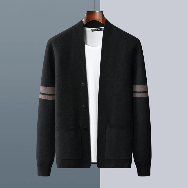 Merino Stripe-Sleeve Button Cardigan
