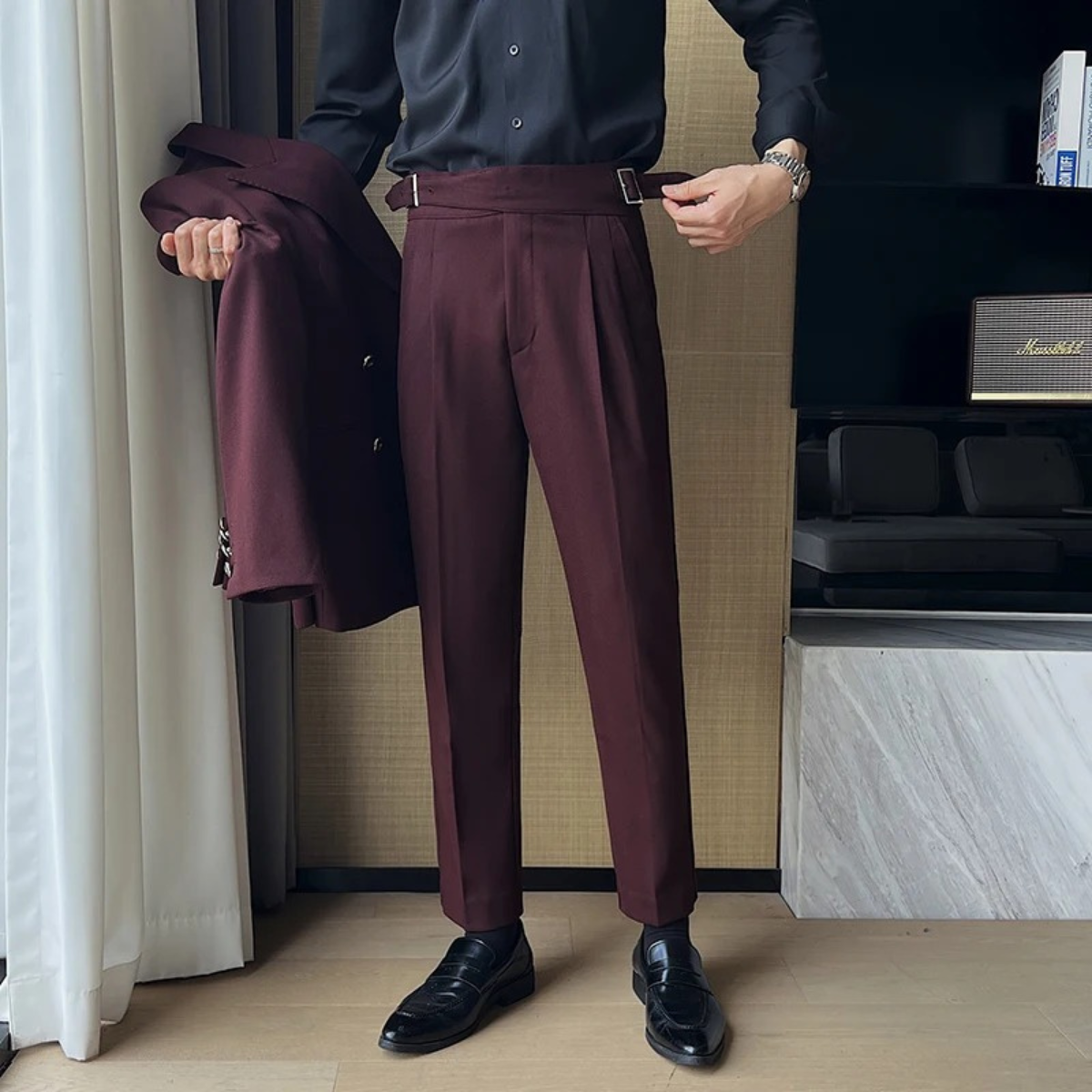 High Waist Pleated Slim Fit Gurkha Trousers