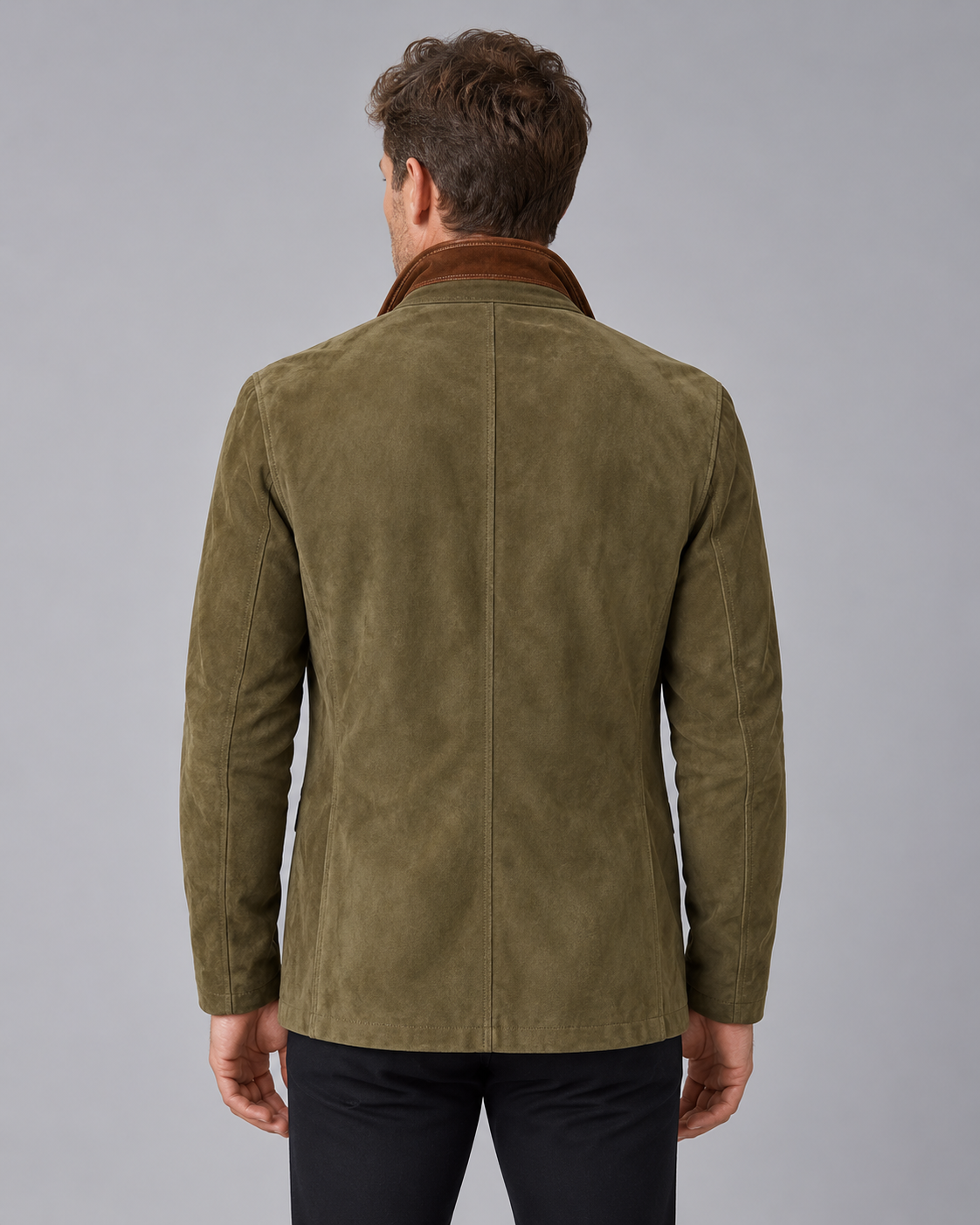 Men's Suede Jacket – Tailored Three-Button Blazer with Layered Stand Collar & Contrast Trim