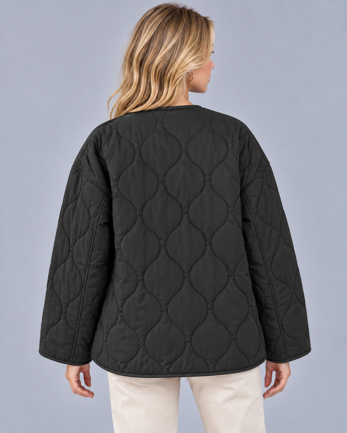 Women's Collarless Quilted Jacket | Lightweight Padded Zip-Up Jacket with Wave Stitching