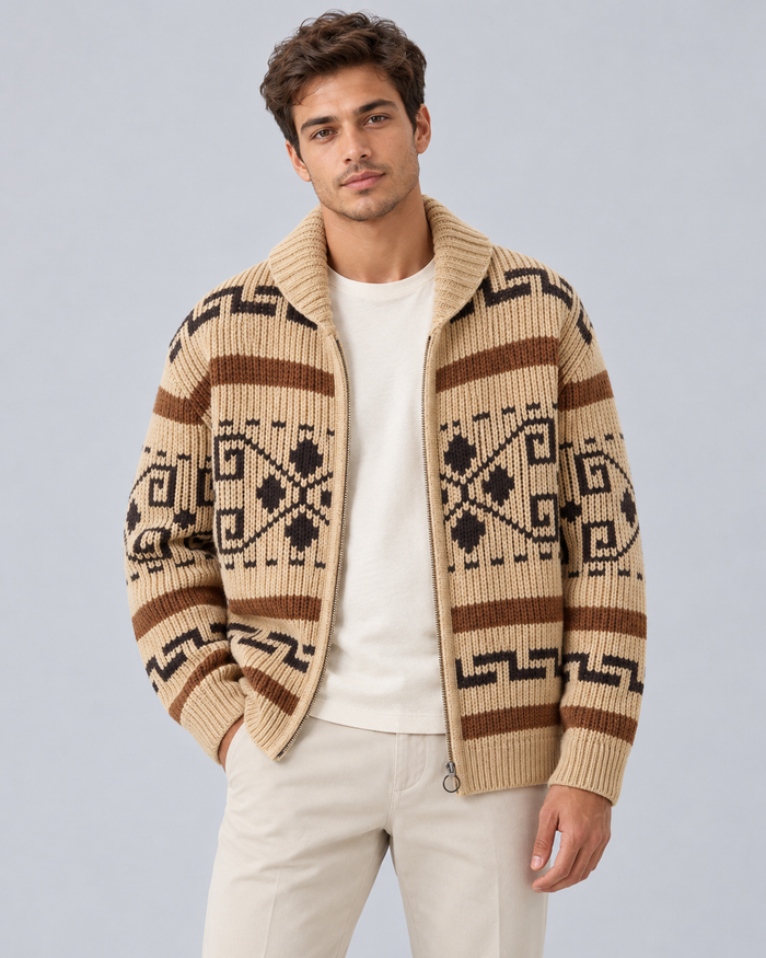 Men's Jacquard Zip Cardigan in Acrylic Knit | Shawl Collar with Geometric Pattern