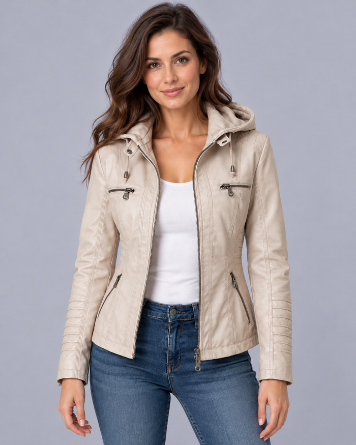 Women's Jacket Leather-Look Hooded Zip Up