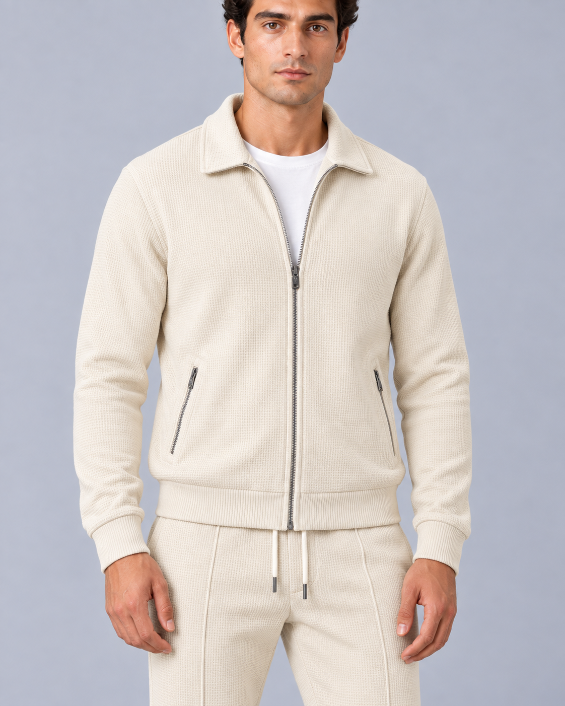 Men's Waffle Tracksuit Set - Zip Jacket & Pants
