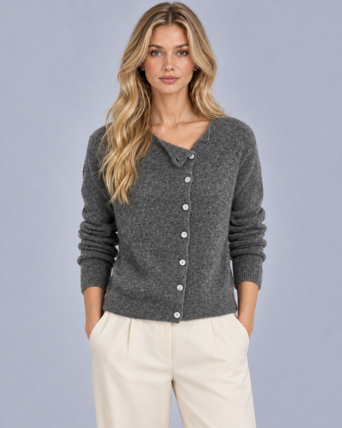 Women's Button Up Cardigan – Asymmetric Collar, Off-Centre Button Front, Long Sleeve Knit