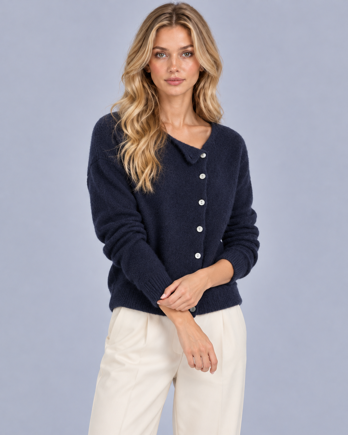 Women's Button Up Cardigan – Asymmetric Collar, Off-Centre Button Front, Long Sleeve Knit
