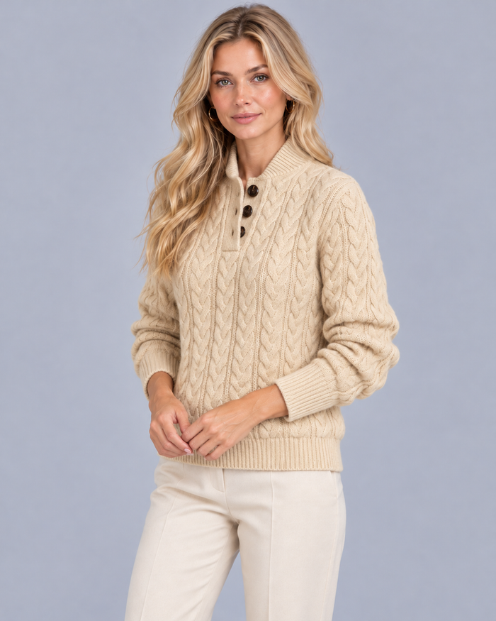 Women's Cable Knit Jumper – Half Button Stand Collar, Relaxed Fit