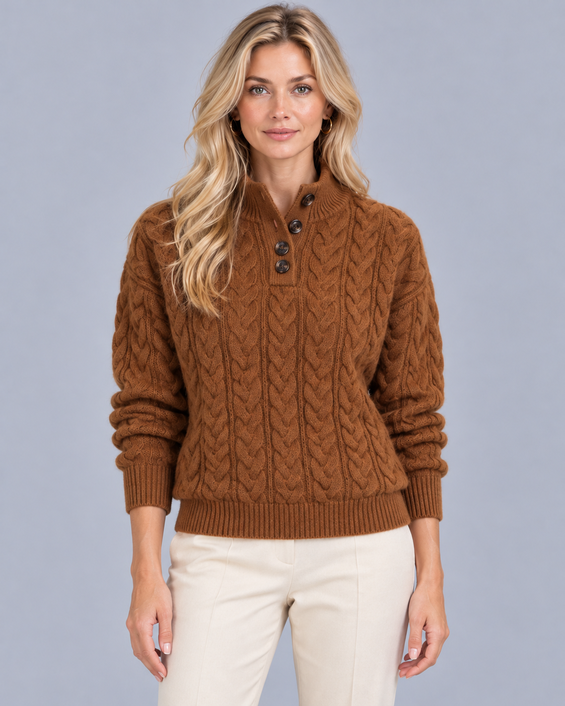 Women's Cable Knit Jumper – Half Button Stand Collar, Relaxed Fit