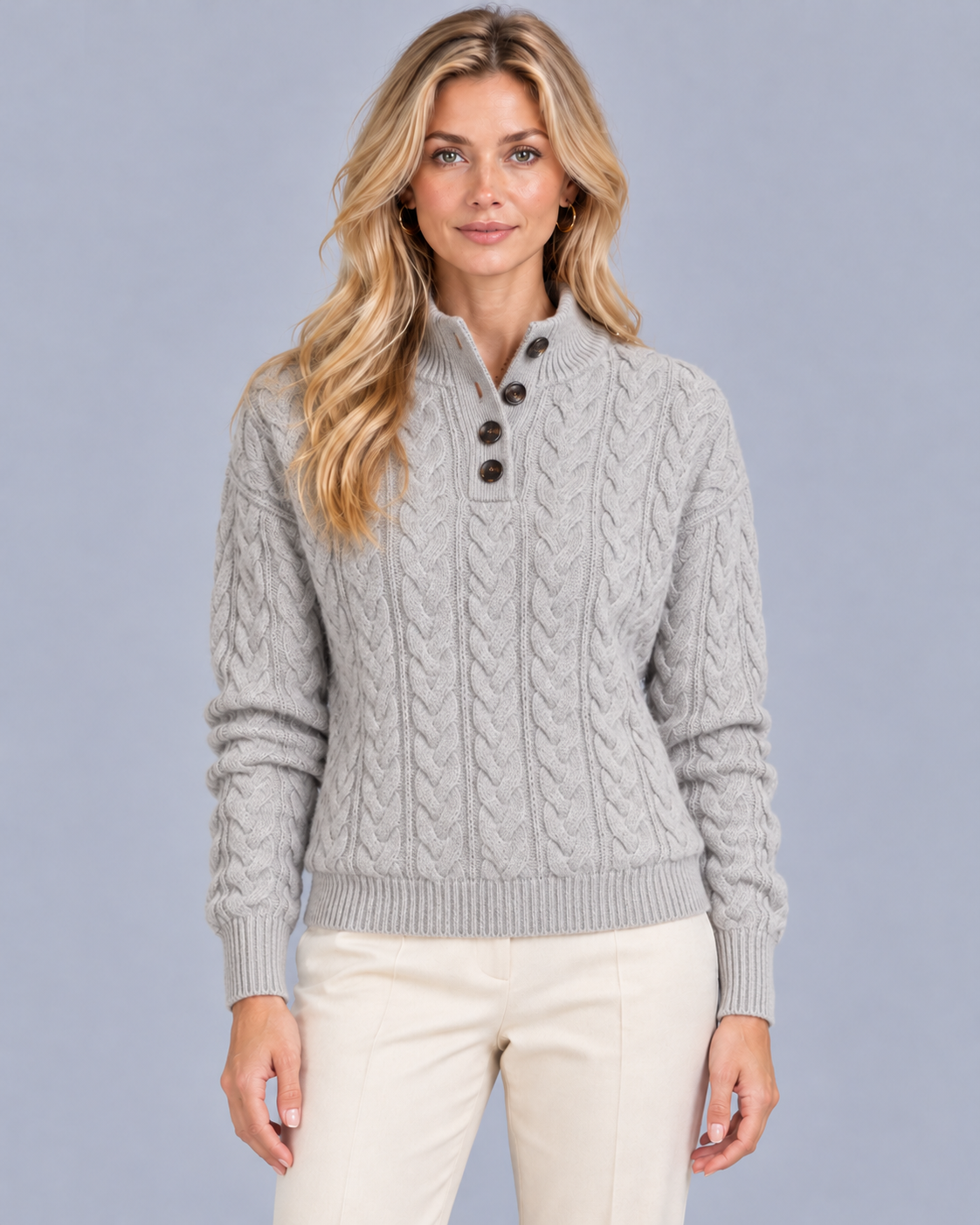 Women's Cable Knit Jumper – Half Button Stand Collar, Relaxed Fit
