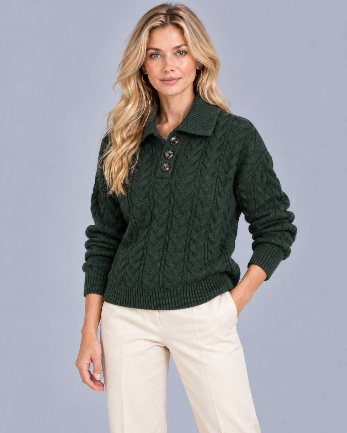 Women's Cable Knit Jumper – Half Button Stand Collar, Relaxed Fit
