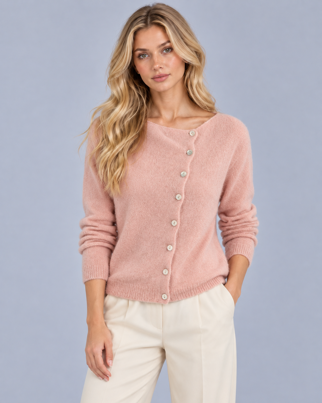 Women's Button Up Cardigan – Asymmetric Collar, Off-Centre Button Front, Long Sleeve Knit