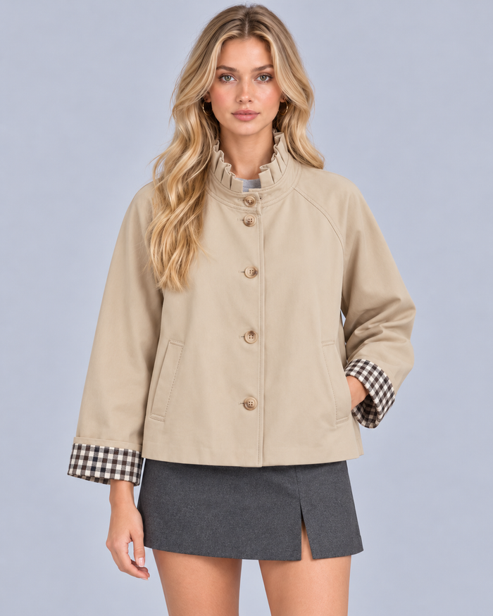 Women's High-Neck Short Trench Coat | Check Trim Autumn Coat