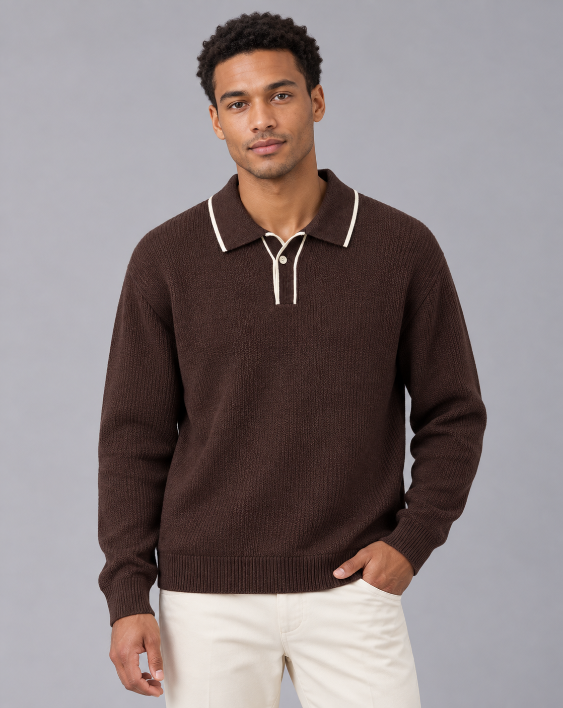 Men's Linen blend Long Sleeve Polo | Knitted Polo Jumper with Contrast-Tipped Collar
