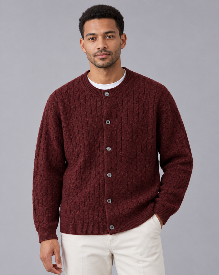 Men's Cable Knit Cardigan | Crew Neck with Six-Button Front