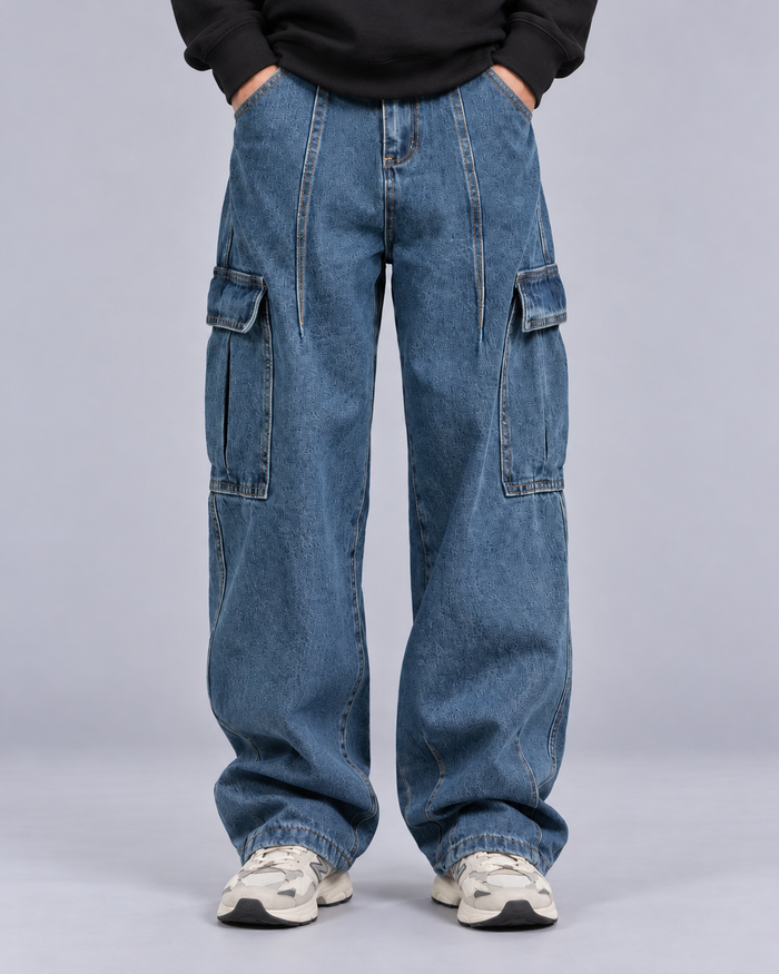 Men's Cargo Jeans 100% Cotton Denim – Loose Fit Straight Leg with Flap Pockets