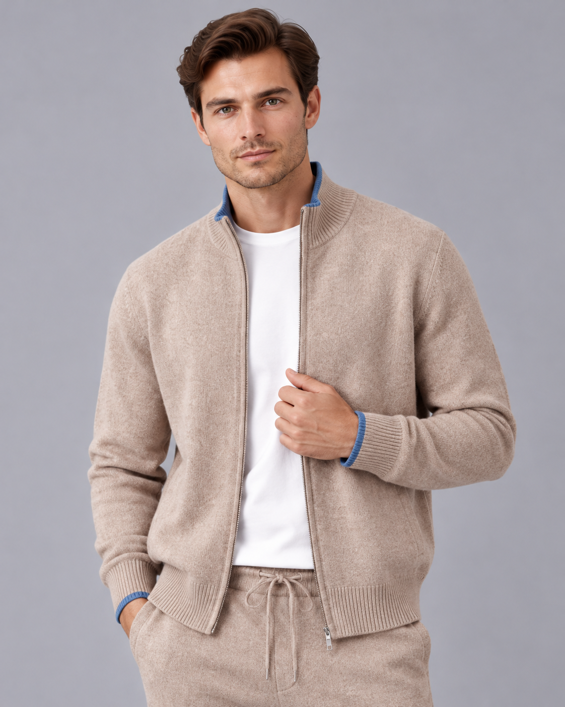 Men's 100% Merino Wool Tracksuit with Zip-Up Jacket and Drawstring Joggers