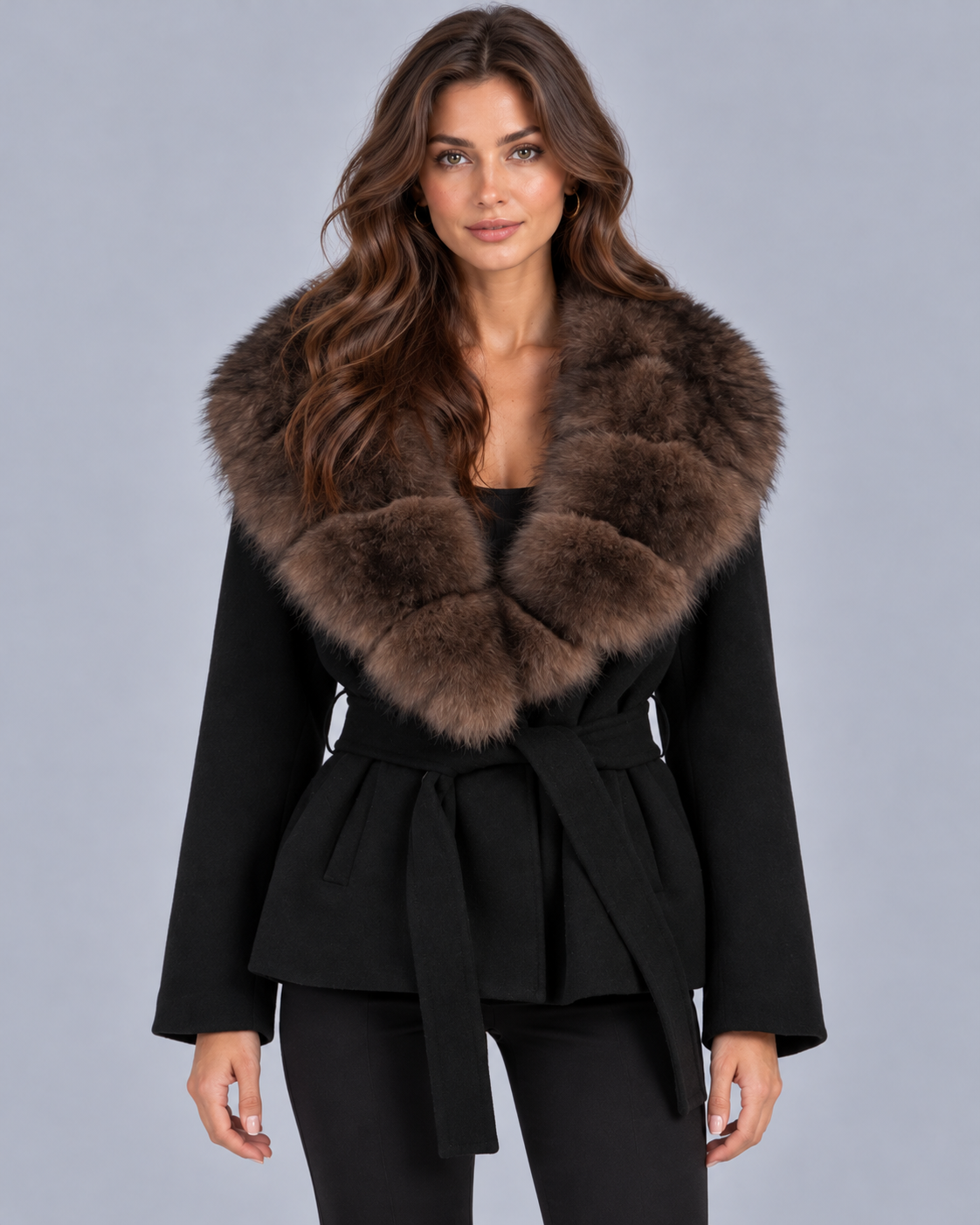 Women's Belted Wool Coat with Fur Collar