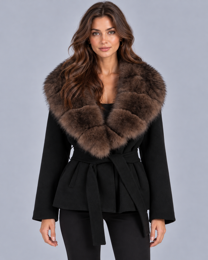 Women's Belted Wool Coat with Fur Collar