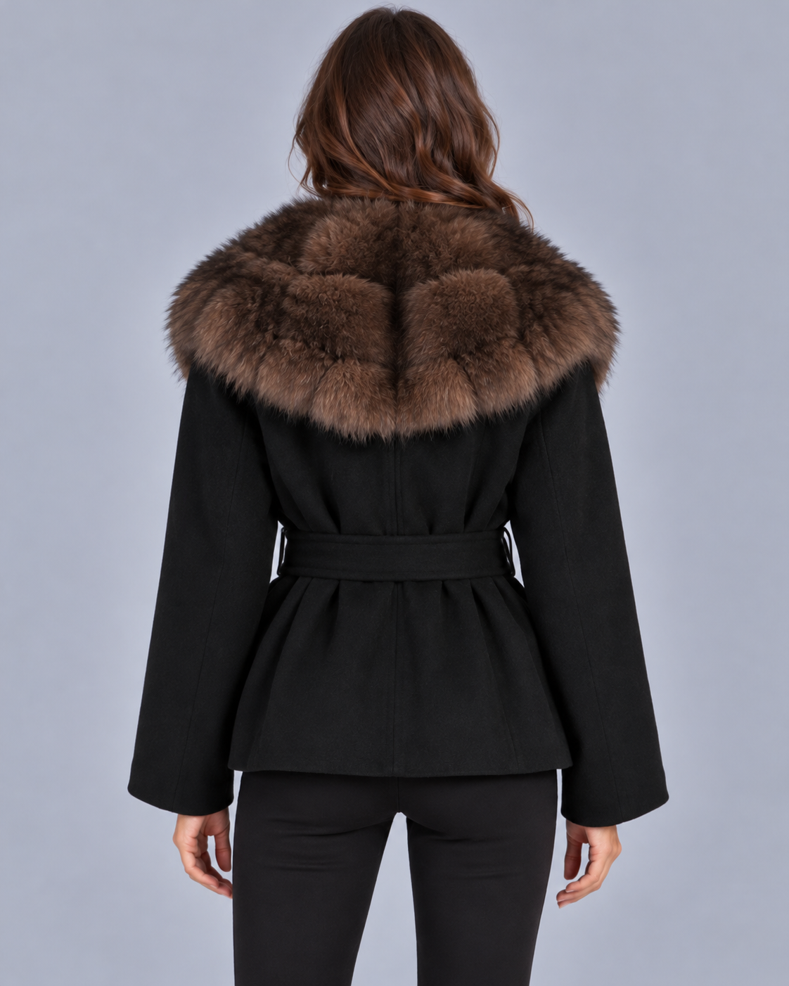 Women's Belted Wool Coat with Fur Collar