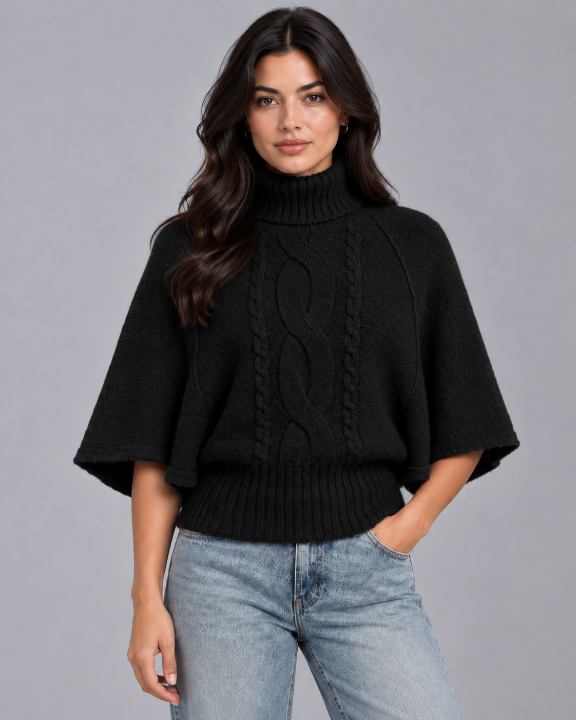 Women's Knitted Turtleneck Jumper | Sweater with Dropped Sleeves