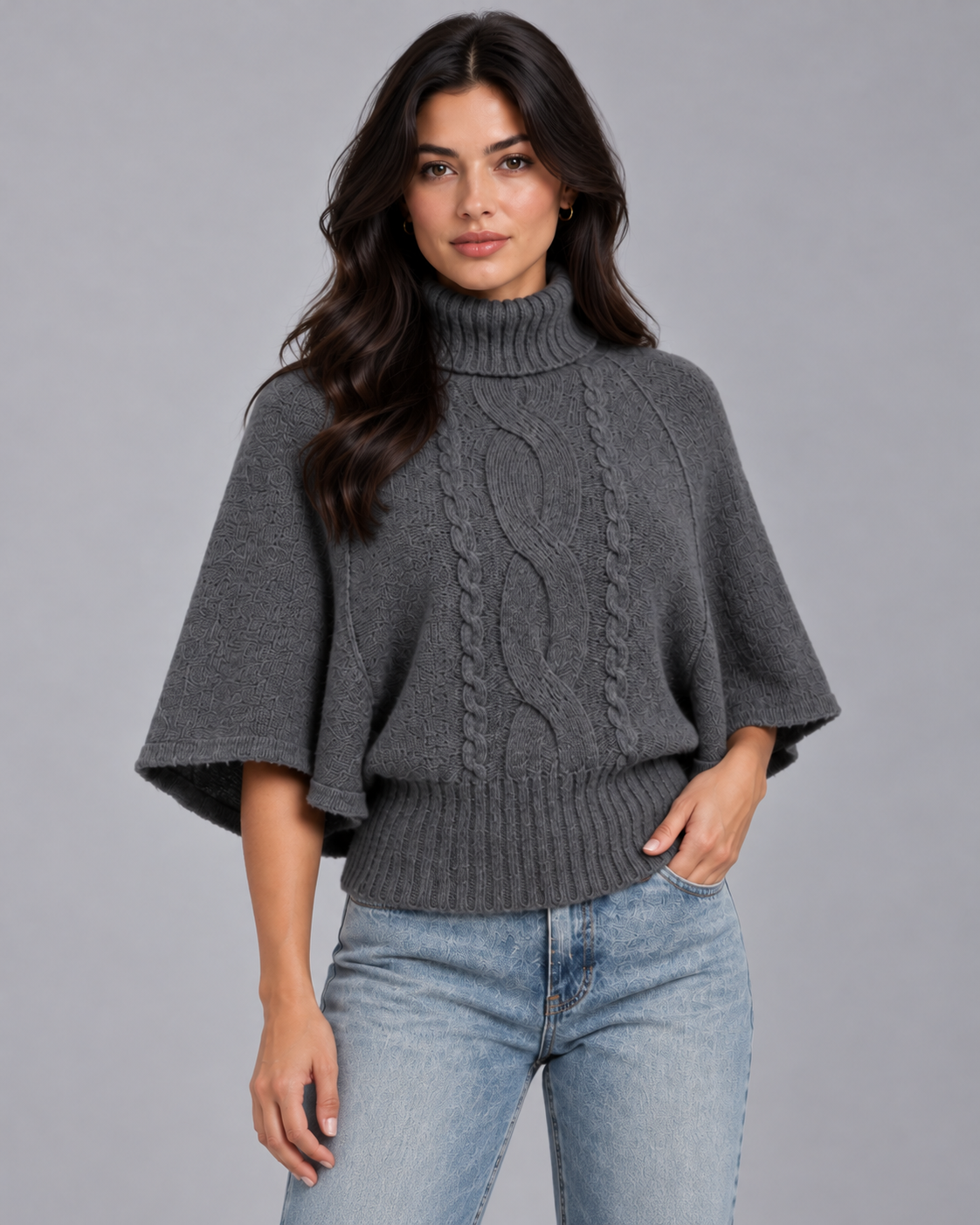 Women's Knitted Turtleneck Jumper | Sweater with Dropped Sleeves